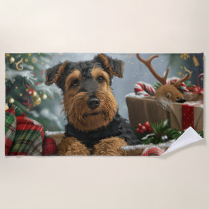 Airedale Dog Christmas Festive  Beach Towel