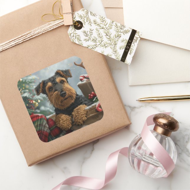Airedale Dog Christmas Festive  Square Sticker (Gifting)