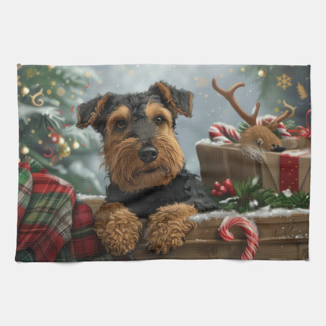 Airedale Dog Christmas Festive  Tea Towel (Horizontal)
