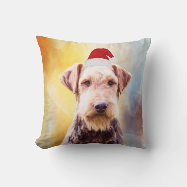 Airedale Dog Christmas Santa Hat Art Portrait Cushion (Front)