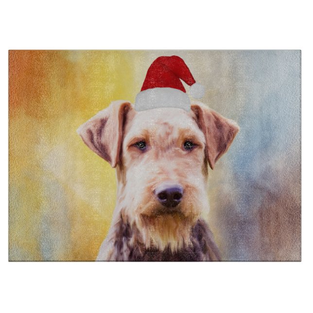Airedale Dog Christmas Santa Hat Art Portrait Cutting Board (Front)