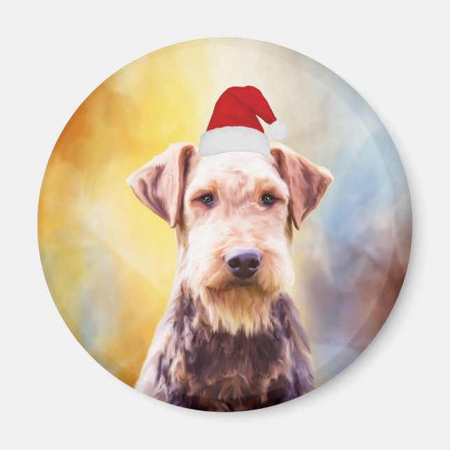 Airedale Dog Christmas Santa Hat Art Portrait Magnet (Front)