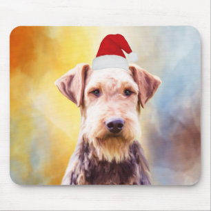Airedale Dog Christmas Santa Hat Art Portrait Mouse Mat