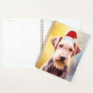 Airedale Dog Christmas Santa Hat Art Portrait Planner