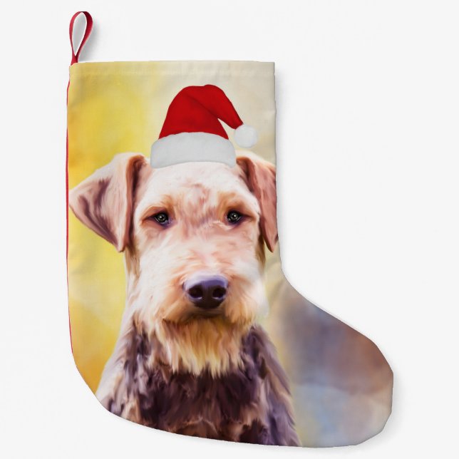 Airedale Dog Christmas Santa Hat Art Portrait Small Christmas Stocking (Front)