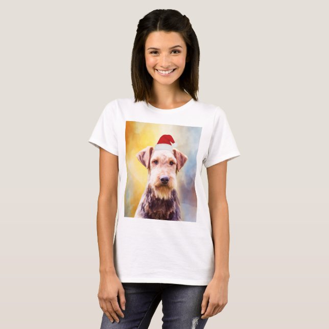 Airedale Dog Christmas Santa Hat Art Portrait T-Shirt (Front Full)