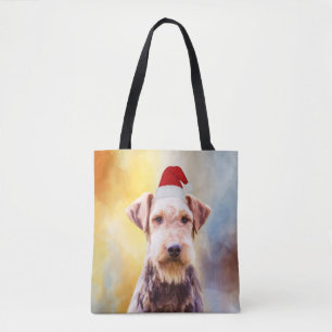 Airedale Dog Christmas Santa Hat Art Portrait Tote Bag