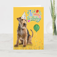 Airedale Dog in Party Hat on Yellow Birthday