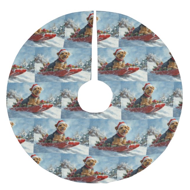Airedale Dog in Sledge Let it Snow Christmas Brushed Polyester Tree Skirt (Front)
