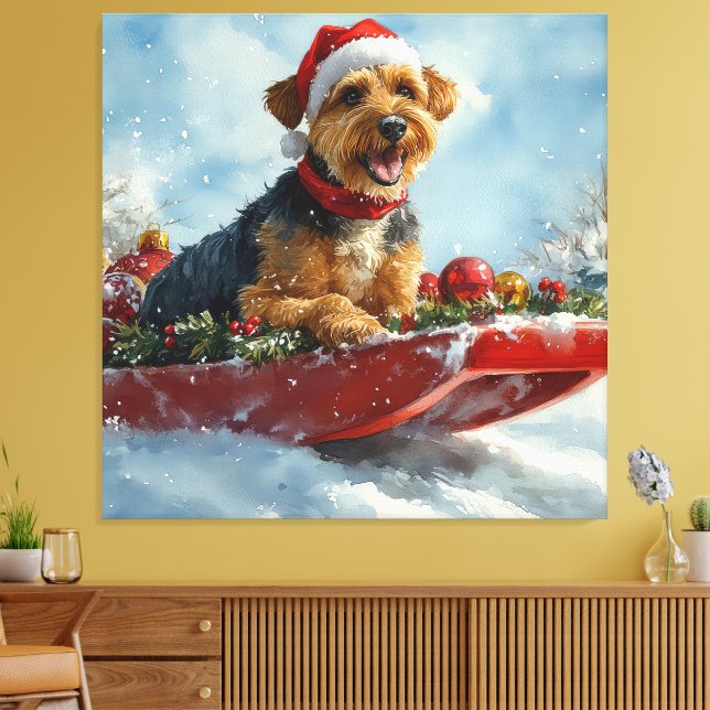 Airedale Dog in Sledge Let it Snow Christmas Canvas Print (Insitu(LivingRoom))