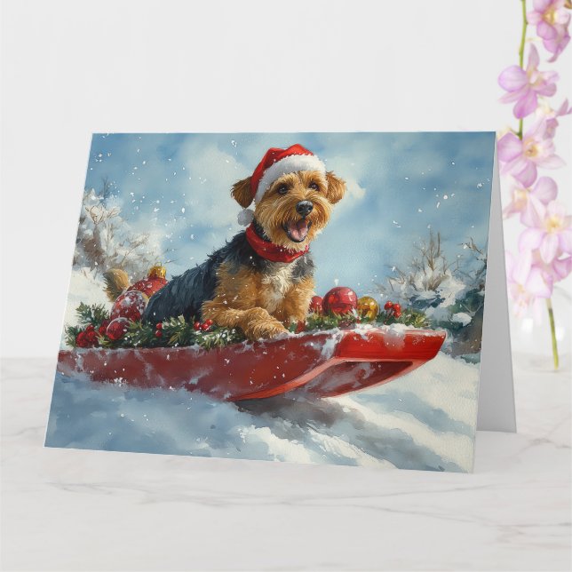 Airedale Dog in Sledge Let it Snow Christmas Card (Orchid)