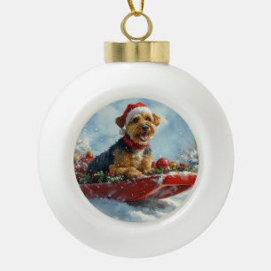 Airedale Dog in Sledge Let it Snow Christmas Ceramic Ball Christmas Ornament
