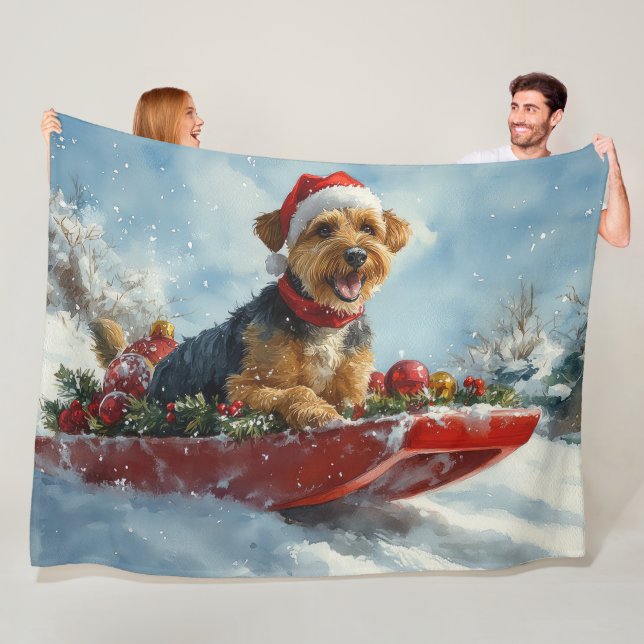Airedale Dog in Sledge Let it Snow Christmas Fleece Blanket (In Situ)
