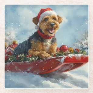 Airedale Dog in Sledge Let it Snow Christmas Glass Coaster