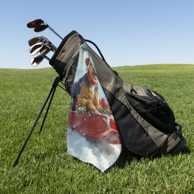 Airedale Dog in Sledge Let it Snow Christmas Golf Towel (Green)