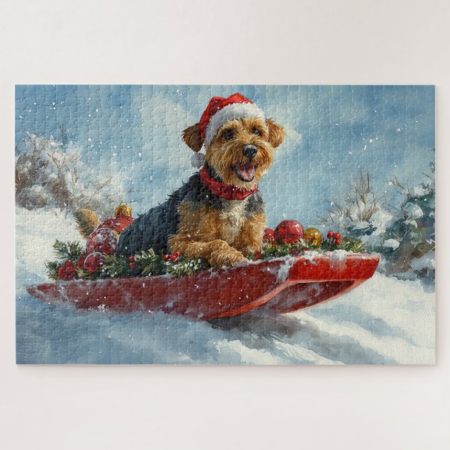 Airedale Dog in Sledge Let it Snow Christmas Jigsaw Puzzle (Horizontal)