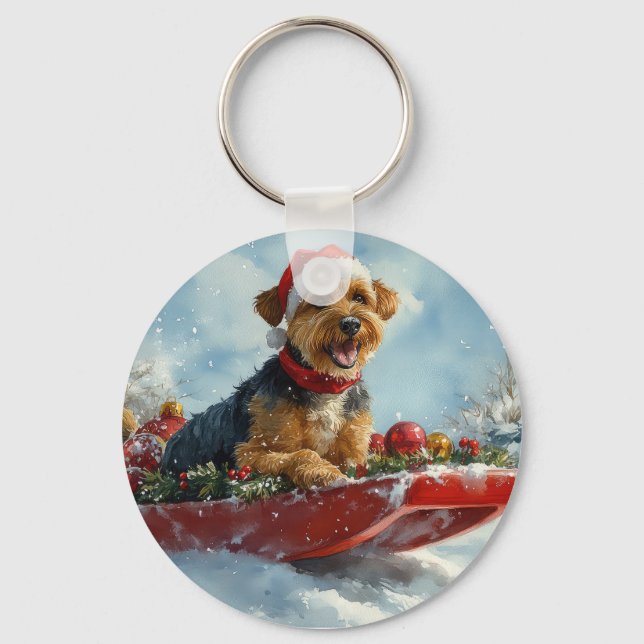 Airedale Dog in Sledge Let it Snow Christmas Key Ring (Front)