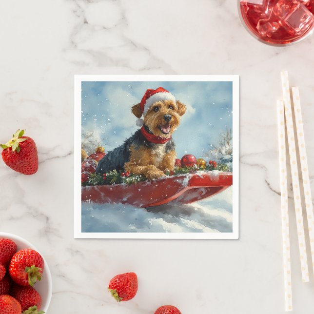 Airedale Dog in Sledge Let it Snow Christmas Napkin (Insitu)