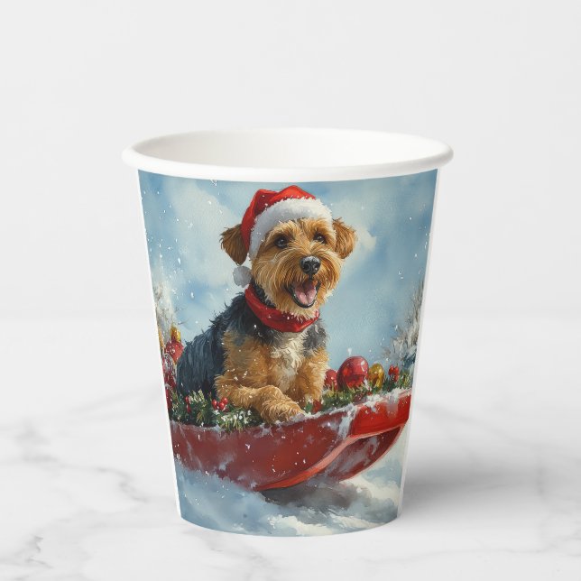 Airedale Dog in Sledge Let it Snow Christmas Paper Cups (Front)