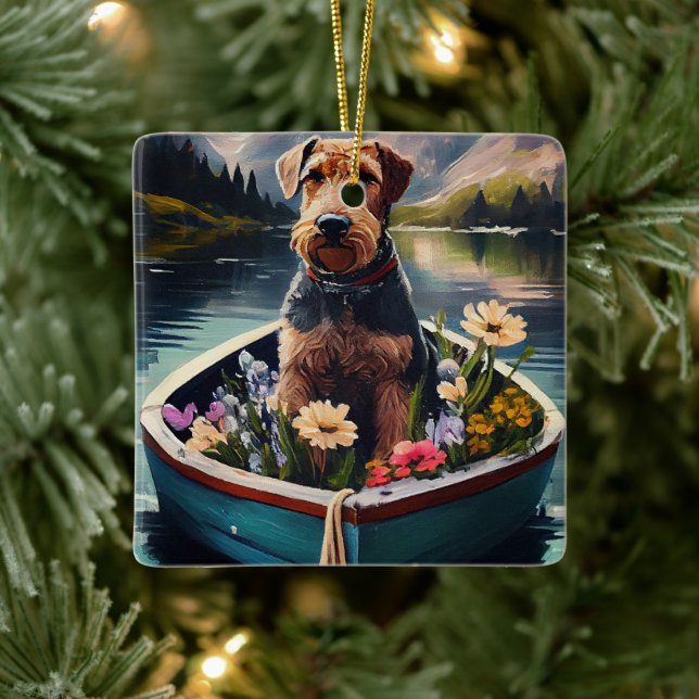 Airedale Dog on a Paddle: A Scenic Adventure Ceramic Ornament (Tree)