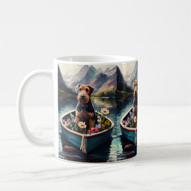 Airedale Dog on a Paddle: A Scenic Adventure Coffee Mug (Left)