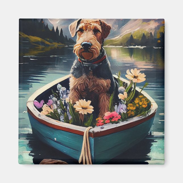 Airedale Dog on a Paddle: A Scenic Adventure Magnet (Front)