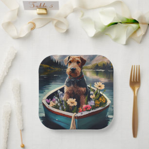 Airedale Dog on a Paddle: A Scenic Adventure Paper Plate