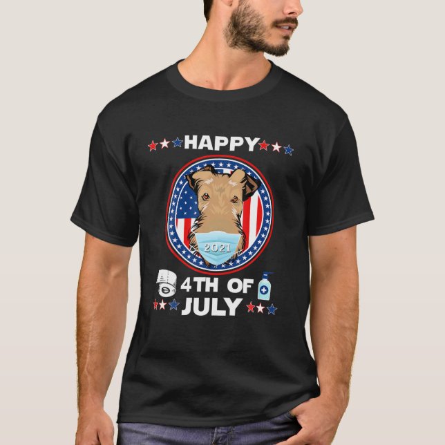 Airedale Dog Patriotic In Mask Happy 4Th Of July 2 T-Shirt (Front)