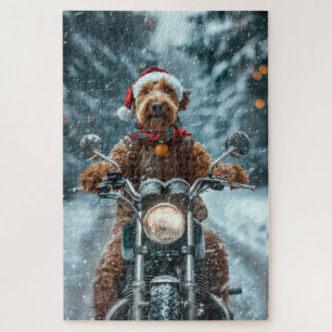 Airedale Dog Riding Motorcycle Christmas Jigsaw Puzzle