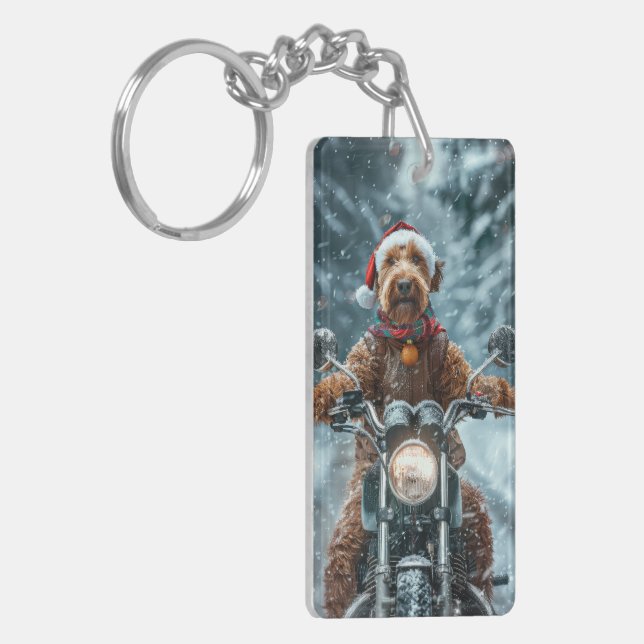 Airedale Dog Riding Motorcycle Christmas Key Ring (Front Left)