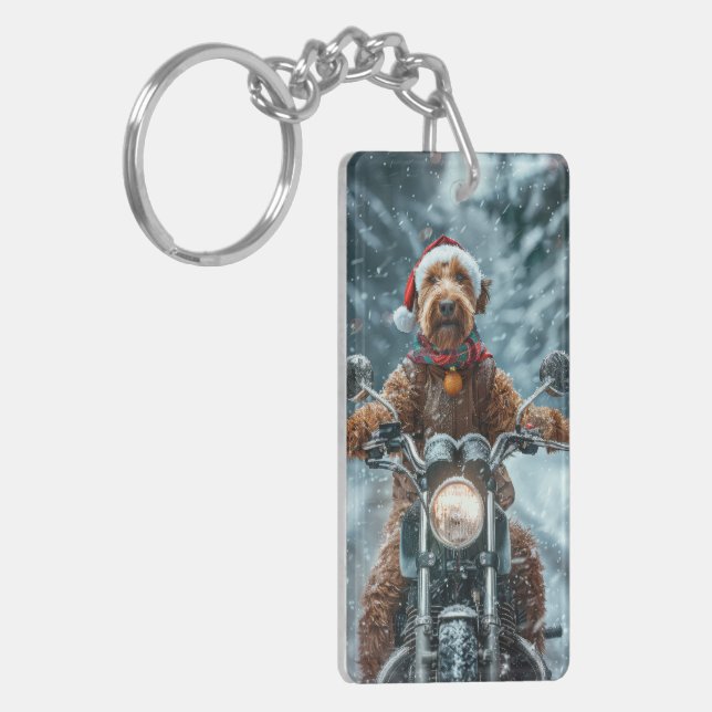 Airedale Dog Riding Motorcycle Christmas Key Ring (Front Left)