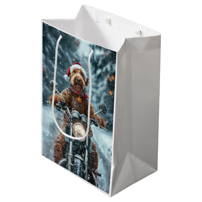Airedale Dog Riding Motorcycle Christmas Medium Gift Bag (Front Angled)