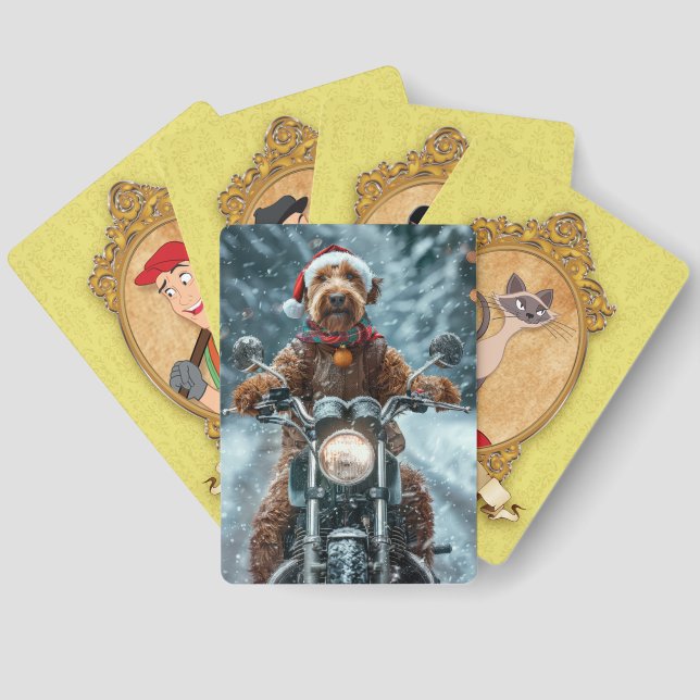 Airedale Dog Riding Motorcycle Christmas Playing Cards (Back)