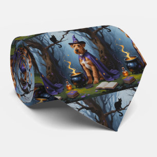 Airedale Dog Whimsical Halloween Painting Tie