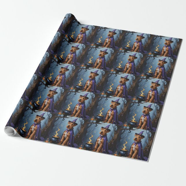Airedale Dog Whimsical Halloween Painting Wrapping Paper (Unrolled)