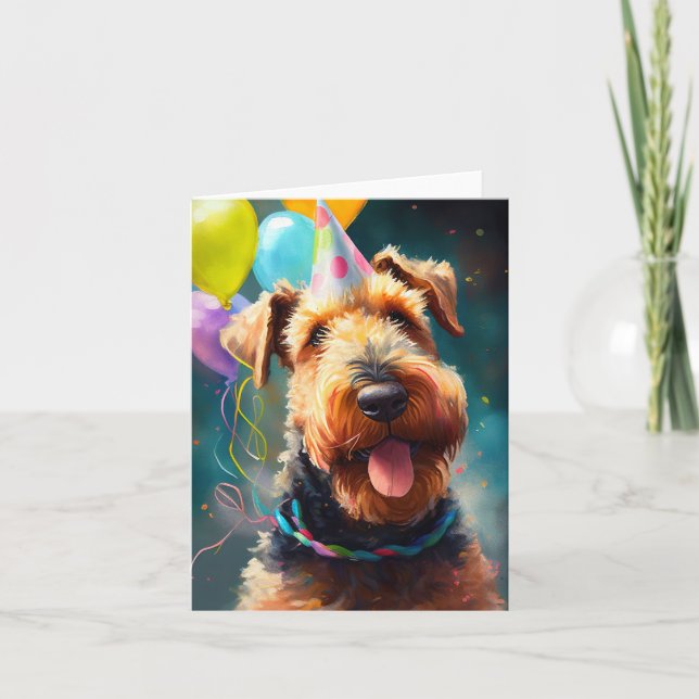 Airedale dog with birthday hat and balloons card (Front)
