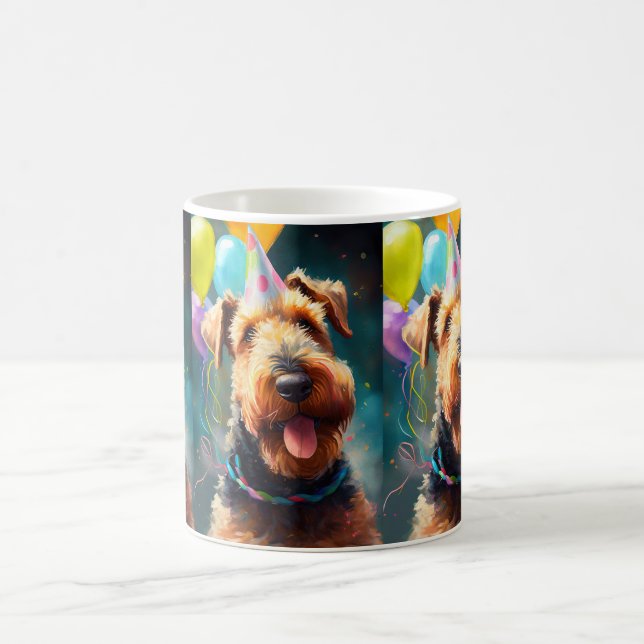 Airedale dog with birthday hat and balloons coffee mug (Center)