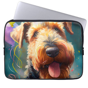 Airedale dog with birthday hat and balloons laptop sleeve