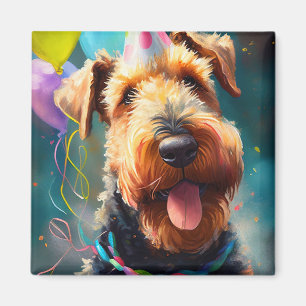 Airedale dog with birthday hat and balloons magnet
