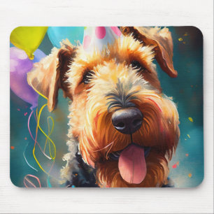 Airedale dog with birthday hat and balloons mouse mat