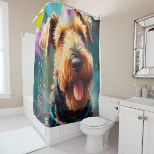 Airedale dog with birthday hat and balloons shower curtain