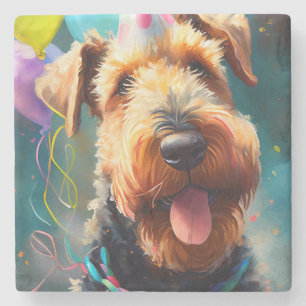 Airedale dog with birthday hat and balloons stone coaster