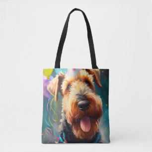 Airedale dog with birthday hat and balloons tote bag