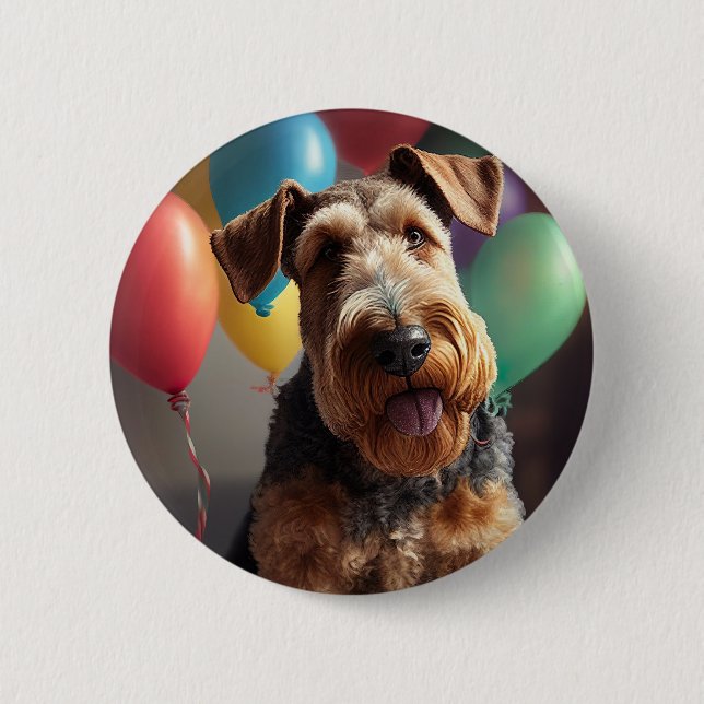 Airedale dog with cake and balloons 6 cm round badge (Front)