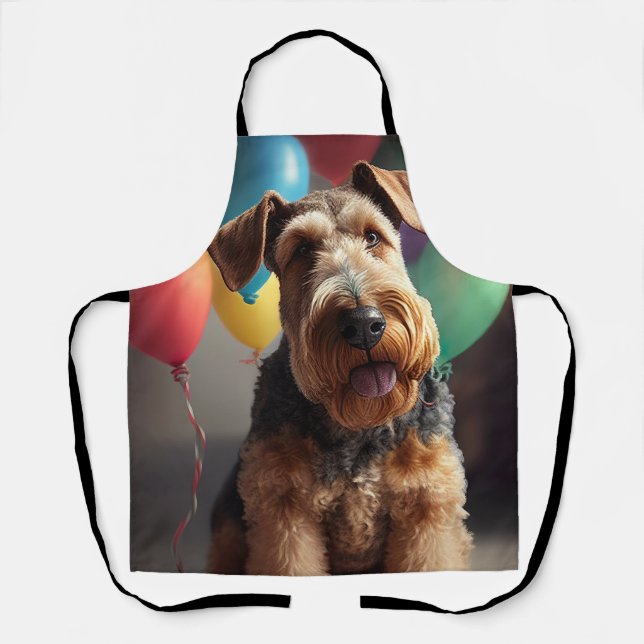 Airedale dog with cake and balloons apron (Front)
