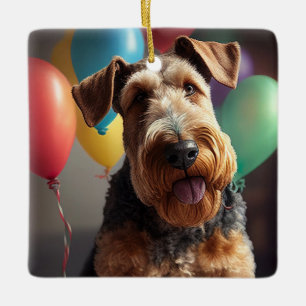 Airedale dog with cake and balloons ceramic ornament