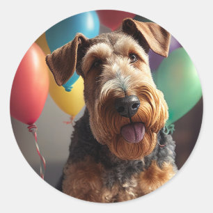 Airedale dog with cake and balloons classic round sticker