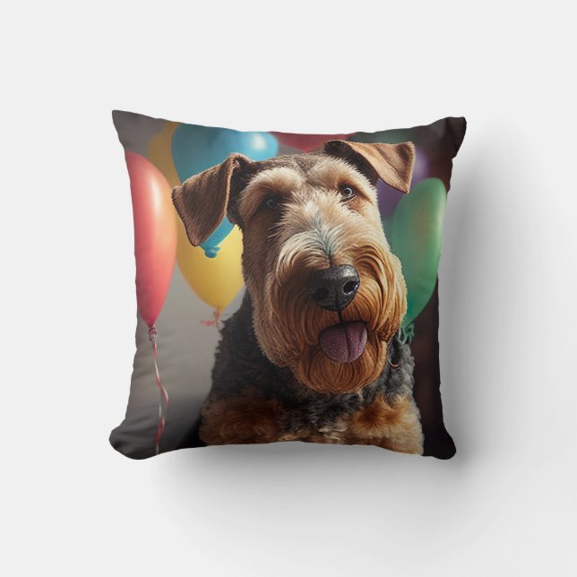 Airedale dog with cake and balloons  cushion (Front)