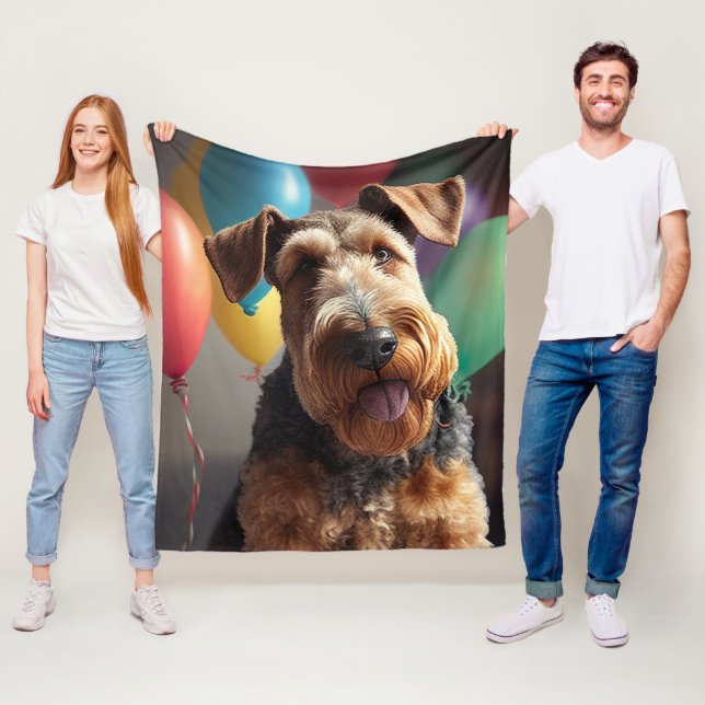 Airedale dog with cake and balloons fleece blanket (In Situ)