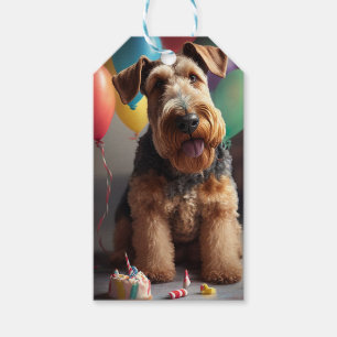 Airedale dog with cake and balloons gift tags